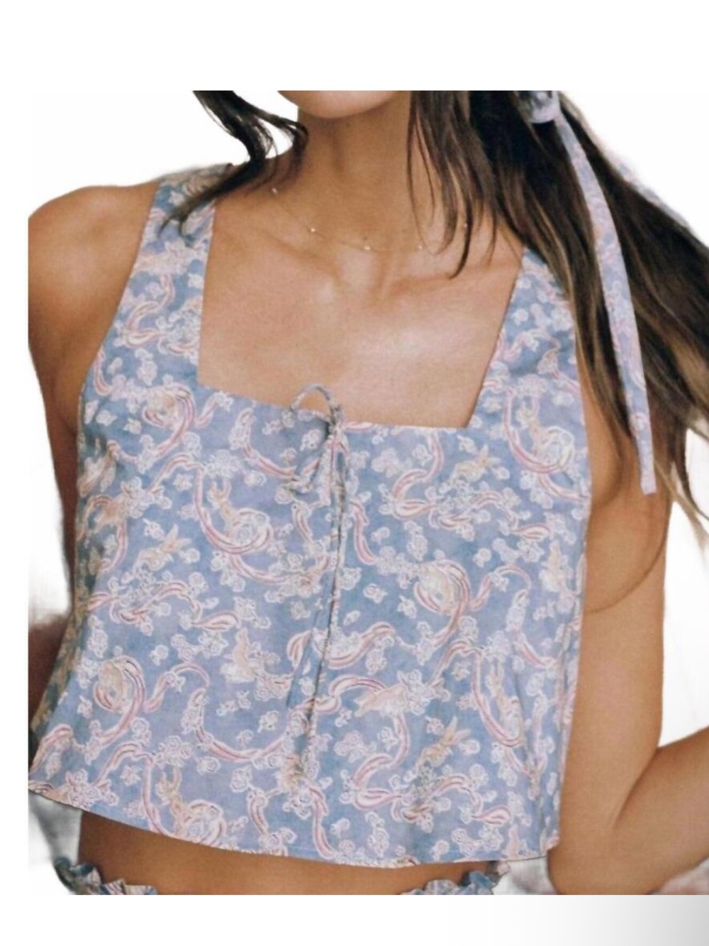 Montce Cupid Square Neck Crop Top Cotton Blue Paisley Tank Top medium